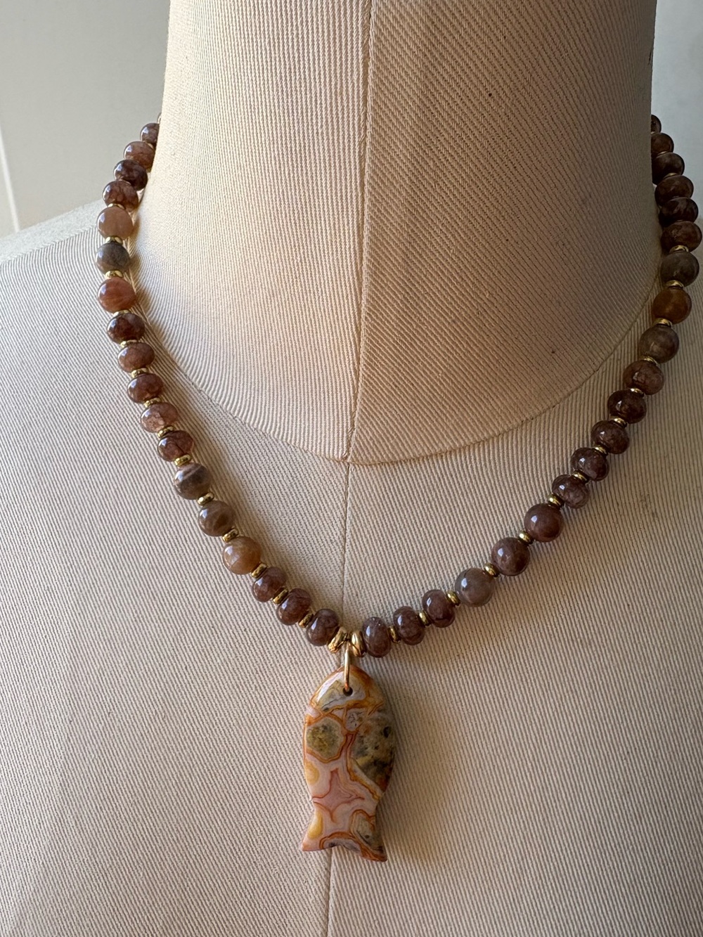 New Anthropologie Marble Brown Beaded Necklace w/ Red Creek Jasper Fish Pendant